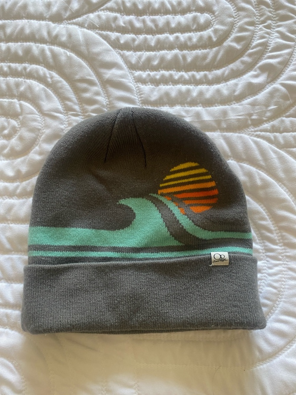 Ocean Pacific Surf Wave Sunset Stretch Knit Beanie Hat- Gray Aqua Orange Yellow